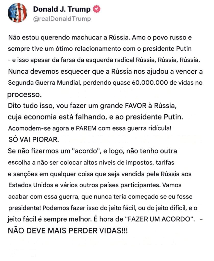 Postagem de Donald Trump no Truth Social ameaçando sanções severas à Rússia caso a guerra na Ucrânia não seja resolvida.